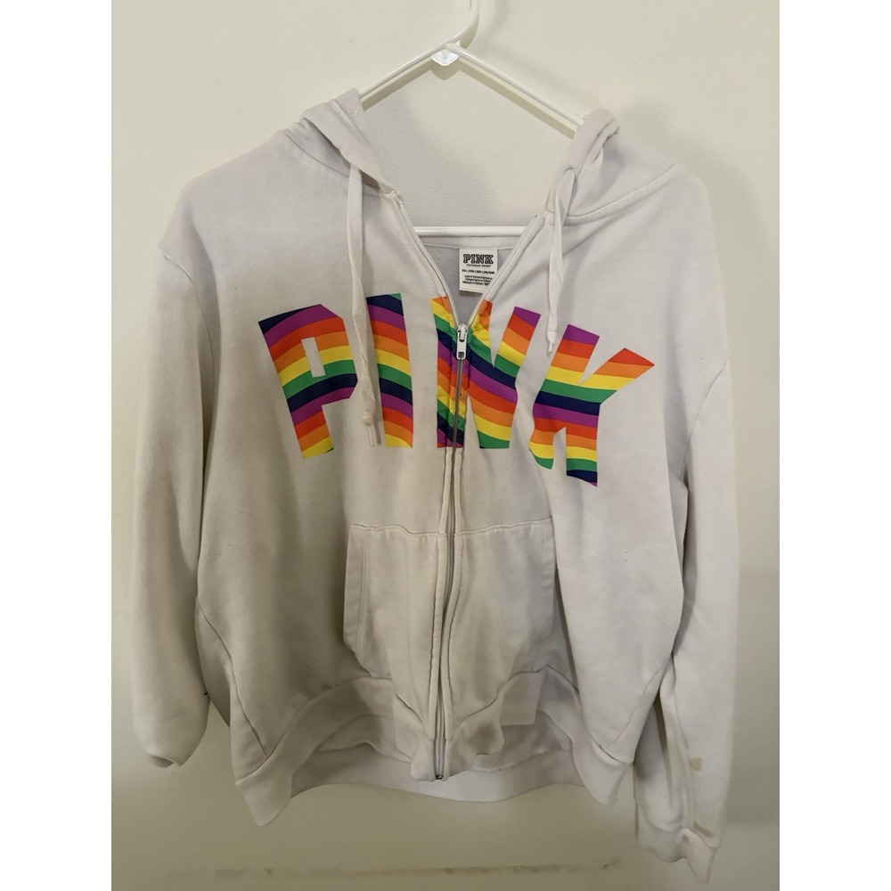 PINK Victoria's Secret Rainbow Logo White Hoodie Size XX-Large, So Fun! XXL